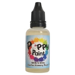 May include: A clear glass bottle of edible confectionery paint with a black dropper lid. The bottle has a colorful rainbow design and the text "Poppy Paint 100% Edible Confectionery Paint".