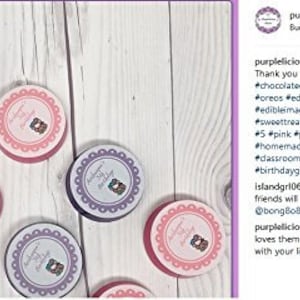 May include: Overhead shot of several round, decorated treats. Some are pink with white scalloped edges, others are purple with white scalloped edges. Each has a small image and text that reads "Someone is almost 5!"