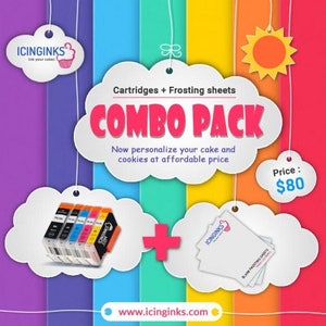 Puede incluir: Un gráfico colorido que promociona un "COMBO PACK" de cartuchos y hojas de glaseado para pasteles y galletas. La imagen incluye un juego de cartuchos de tinta, hojas de glaseado y la dirección del sitio web www.icinginks.com.