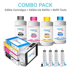 Puede incluir: Paquete combinado de suministros de tinta comestible, que incluye botellas de recarga en negro, magenta, amarillo y cian, además de cartuchos y jeringas. Las botellas están etiquetadas como "REFILL EDIBLE INK" y contienen 120 ml de tinta. El texto "COMBO PACK" está en la parte superior.