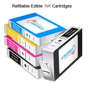 May include: A stack of refillable edible ink cartridges in cyan, yellow, magenta, and black. The cartridges are labeled with the brand "ICINGINKS" and the text "Edible Ink Cartridge". The image also shows a black ink cartridge.