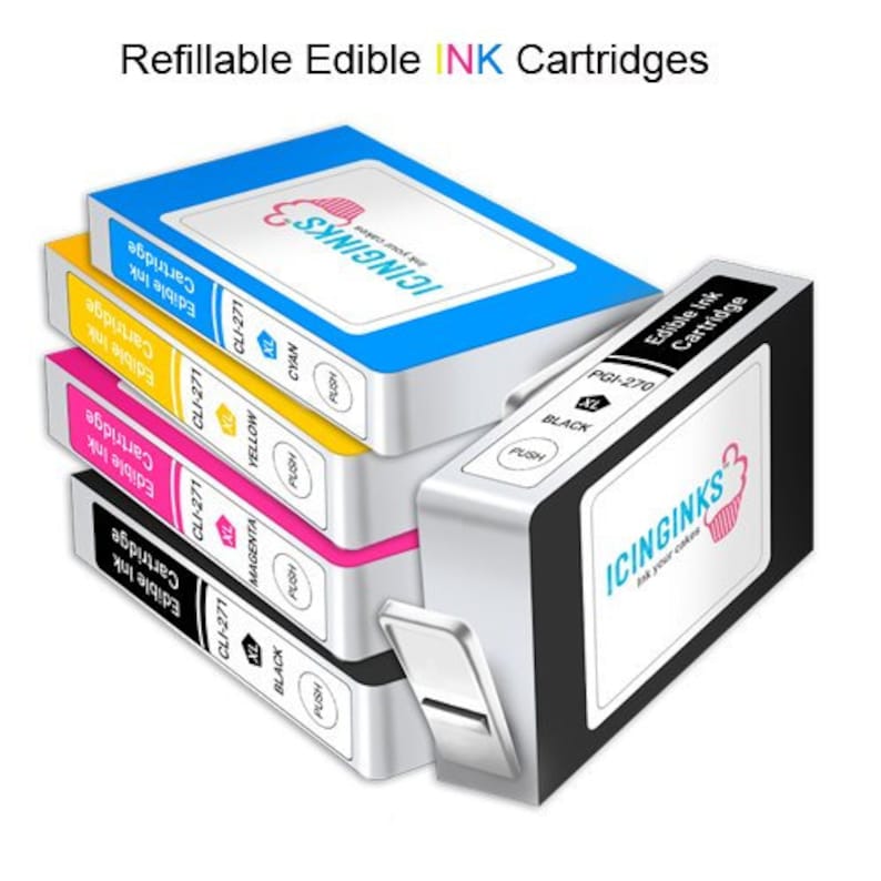 May include: A stack of refillable edible ink cartridges in cyan, yellow, magenta, and black. The cartridges are labeled with the brand "ICINGINKS" and the text "Edible Ink Cartridge". The image also shows a black ink cartridge.