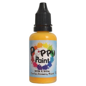 May include: A small bottle of yellow edible confectionery paint with a black dropper lid. The bottle has a label with the words "Poppy Paint" and "100% Edible Confectionery Paint" in a colorful circle.