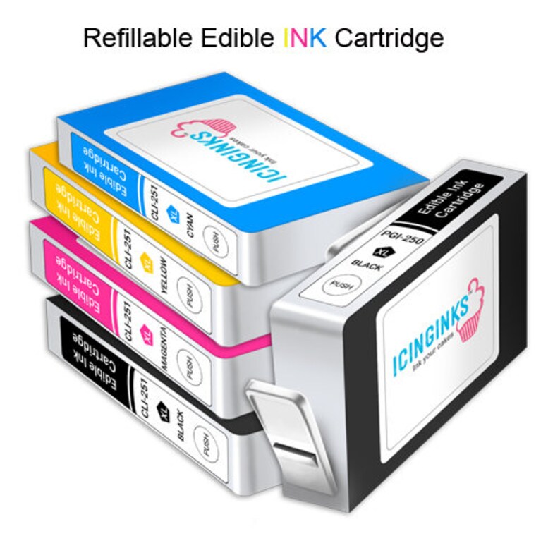 May include: Stack of refillable edible ink cartridges in cyan, yellow, magenta, and black. The cartridges are labeled with "ICINGINKS" and "Edible Ink Cartridge". The text "Refillable Edible INK Cartridge" is at the top.