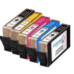 May include: A set of edible ink cartridges in black, yellow, magenta, cyan, and black. Each cartridge is labeled with its color and the text "Edible Ink Cartridge". The cartridges are designed for use with cake decorating.