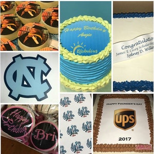 May include: A collage of decorated cakes and cookies. One cake has blue frosting with "Happy Birthday Angie" and "Bfabulous" written on it. Another cake has the UPS logo and "Happy Founder's Day 2017". Other items include cookies with photos and text.
