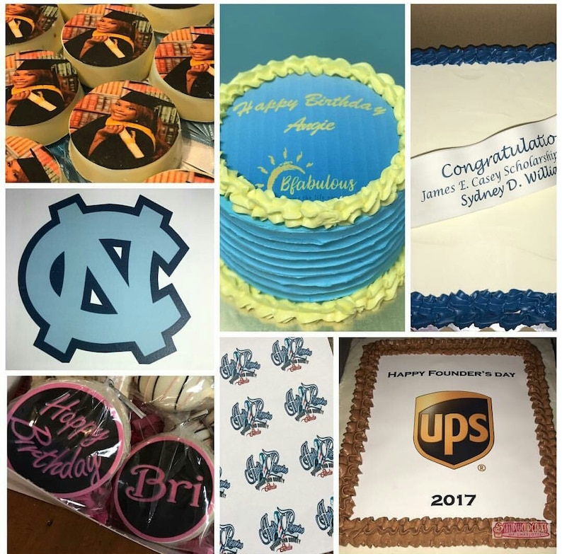 May include: A collage of decorated cakes and cookies. One cake has blue frosting with "Happy Birthday Angie" and "Bfabulous" written on it. Another cake has the UPS logo and "Happy Founder's Day 2017". Other items include cookies with photos and text.