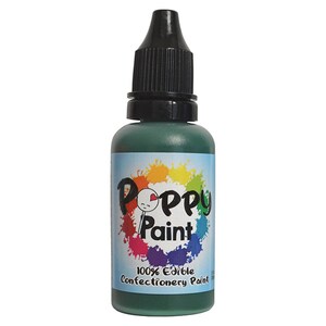 May include: A bottle of green edible confectionery paint with a black dropper lid. The bottle has a colorful label with the words "Poppy Paint" and "100% Edible Confectionery Paint".