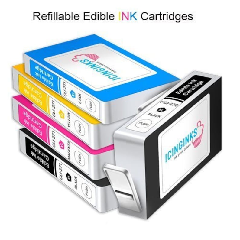 May include: A stack of refillable edible ink cartridges in cyan, yellow, magenta, and black. The cartridges are labeled with the text "ICINGINKS" and "Edible Ink Cartridge". The image also includes the text "Refillable Edible INK Cartridges".