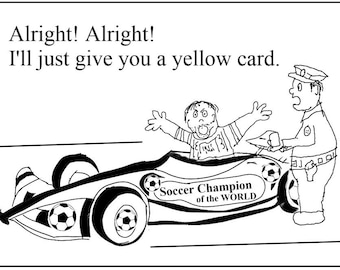 Caricatura de un campeón de fútbol recibiendo una tarjeta amarilla