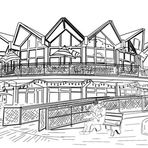 May include: A black and white line drawing of a building with a large, open deck. The building has a unique, modern design with a series of angled roofs. The deck is surrounded by a railing and has several tables and chairs. There are people sitting at the tables and walking around the deck.