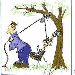 May include: A cartoon illustration of a person pulling on a rope attached to a boot that is hanging from a tree branch. The person is wearing a purple shirt and blue pants. The boot is brown with laces. The tree branch is brown with green leaves. The rope is brown and white. The background is white.