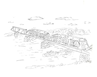May include: A black and white line drawing of a bridge with the text "Trenton Makes The World Takes" on it. The bridge is over a body of water with two boats in the distance.