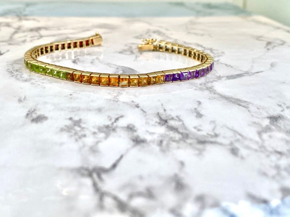 Rainbow multi color gemstone bracelet in 14k gold… - image 1