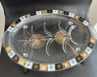 Vintage 1960s MCM Atomic Snowflake Gold Black Starburst Glass Serving Platter with Warming stand - Price INCLUDES SHIPPING!!
