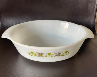 Vintage 1960s Fire King Anchor Hocking Milk Glass Casserole Dish-Green Meadow design PRICE INCLUDES SHIPPING