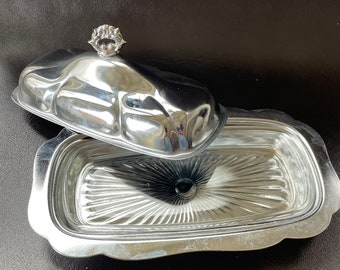 Vintage 70s Metal 3 piece butter dish w/ cover and glass insert