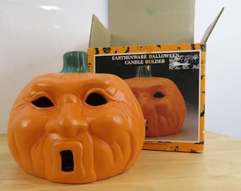 Cubierta para vela de cerámica vintage de Halloween con forma de calabaza de barro, 18 cm