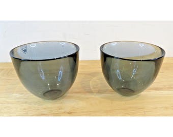 ORREFORS SWEDEN Juego de 2 cuencos y tazas de vidrio negro, azul y gris, redondos y firmados, MINT