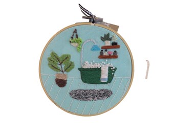 NUEVO Aro de baño con diseño de burbujas y plantas, bordado, redondo, 16,5 cm, decoración azul y verde, tamaño A2