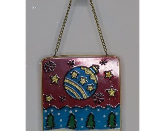 Adorno navideño vintage atrapasol de vidrio iridiscente teñido, ventana grande de 6 x 6 pulgadas