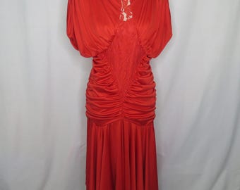 Vestido vintage Brett Alixander para mujer talla S, rojo, fruncido, de encaje, mangas dolman, cremallera en la espalda