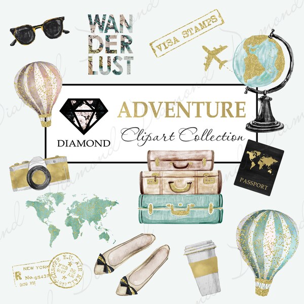 Adventure Clipart, Travel Clipart, World map, Digital cliparts, Wanderlust Clipart, Adventure design, Planner girl, Graphics, Clipart design