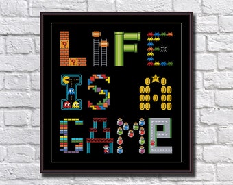 Life Is a Game - Retro Video Games Funny Cross Stitch Pattern PDF Instant Download