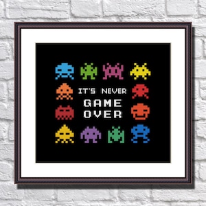 Space Invaders Funny Modern Cross Stitch Pattern - PDF Instant Download - Retro Video Arcade Game - IT&#39;s Never Game Over - Aliens