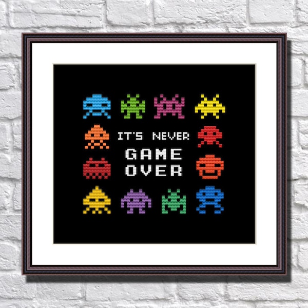 Space Invaders Funny Modern Cross Stitch Pattern - PDF Instant Download - Retro Video Arcade Game - IT's Never Game Over - Aliens