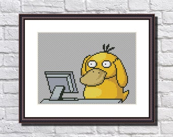 Funny Psyduck Mem Pokemon Office Cross Stitch Pattern PDF Video Game Psychic Headache Charmander Bulbasaur Squirtle Eevee Pikachu