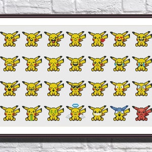May include: A set of 24 cross-stitch patterns featuring Pikachu with different expressions, including happy, sad, angry, and surprised. The patterns are in black and white and are perfect for cross-stitching projects.