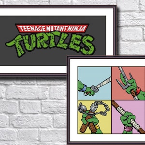 Puede incluir: Dos patrones de punto de cruz enmarcados que representan el logotipo de las Tortugas Ninja y las armas de las cuatro tortugas: katanas, sai, nunchakus y un bastón.