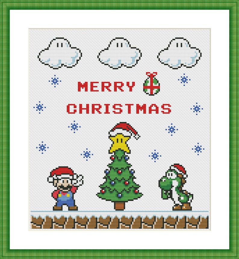 Funny Cross Stitch Pattern PDF Instant Download Super Mario Merry Christmas Retro Video Game Super Mario