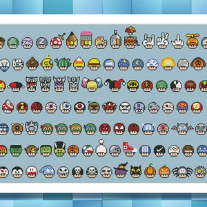 May include: A grid of 100 colourful pixelated mushroom icons. Each mushroom has a different design, including a variety of characters, objects, and symbols.