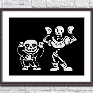 May include: Black and white pixel art of two skeletons, Sans and Papyrus, from the video game Undertale. Sans is on the left, wearing a blue jacket and white shirt. Papyrus is on the right, wearing a red and white shirt and blue shorts. Both skeletons are smiling and have their arms raised.