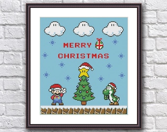 May include: A cross-stitch pattern featuring a pixelated Christmas scene with Mario, Luigi, Yoshi, and a Christmas tree. The text "Merry Christmas" is displayed in the center of the pattern.