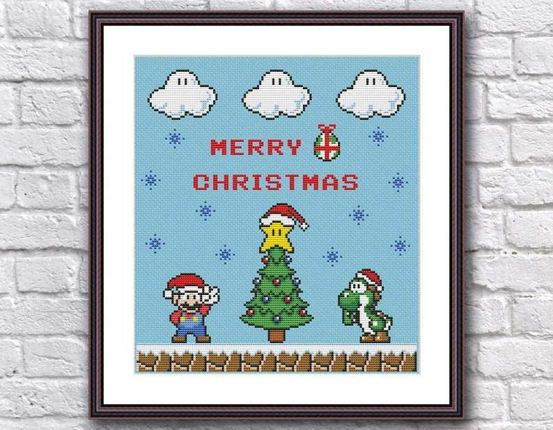 Funny Cross Stitch Pattern PDF Instant Download Super Mario Merry Christmas Retro Video Game Super Mario