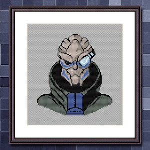 May include: Cross-stitch pattern of a grey alien with a blue eye patch and a dark grey hooded cloak.