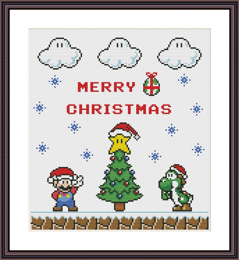 Funny Cross Stitch Pattern PDF Instant Download Super Mario Merry Christmas Retro Video Game Super Mario