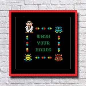 May include: A black and white pixel art design with the text "WASH YOUR HANDS" surrounded by colorful pills and pixelated characters.