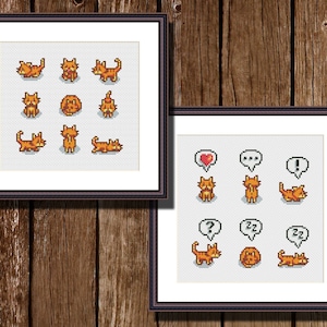 May include: Two sets of pixel art cat illustrations. The first set shows a cat in nine different poses, including sitting, sleeping, and walking. The second set shows a cat with different speech bubbles, including a heart, exclamation point, and question mark.