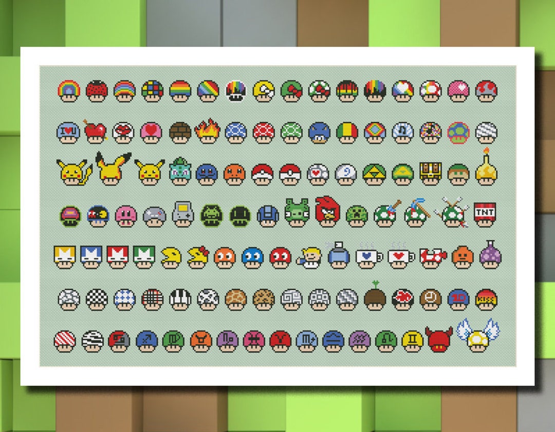 Super Mario Mushrooms Сollection P2 Funny Cross Stitch Pattern Video Game  PDF Instant Download - Pixel Art - Set of 100 Mushrooms - Etsy, image size:1080x841