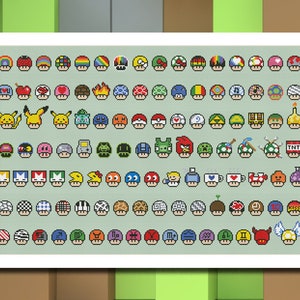 May include: A colorful chart of 100 different mushroom-shaped icons. Each icon features a unique design, including a variety of colors, patterns, and symbols. The icons are arranged in a grid pattern on a light green background.