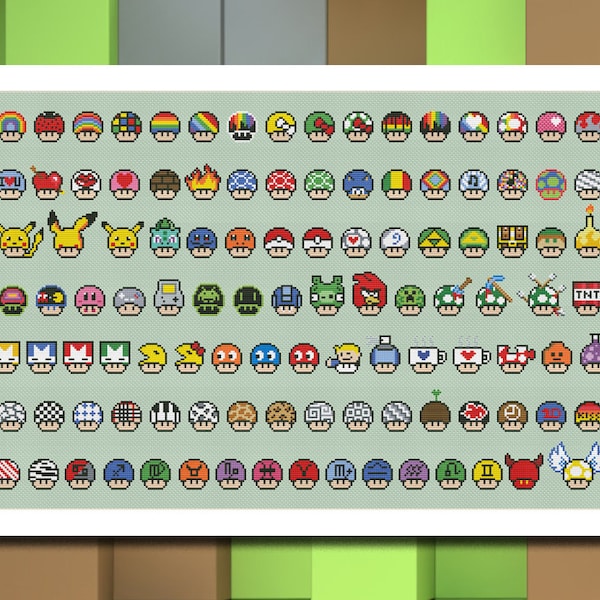 Super Mario Mushrooms Сollection P2 Funny Cross Stitch Pattern Video Game PDF Téléchargement instantané - pixel art - Ensemble de 100 champignons