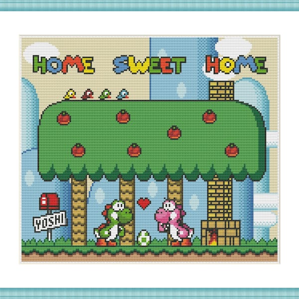 Jeu vidéo rétro Funny Cross Stitch Pattern - Super Mario - Yoshi Home Sweet Home - PDF Téléchargement instantané - pixel art