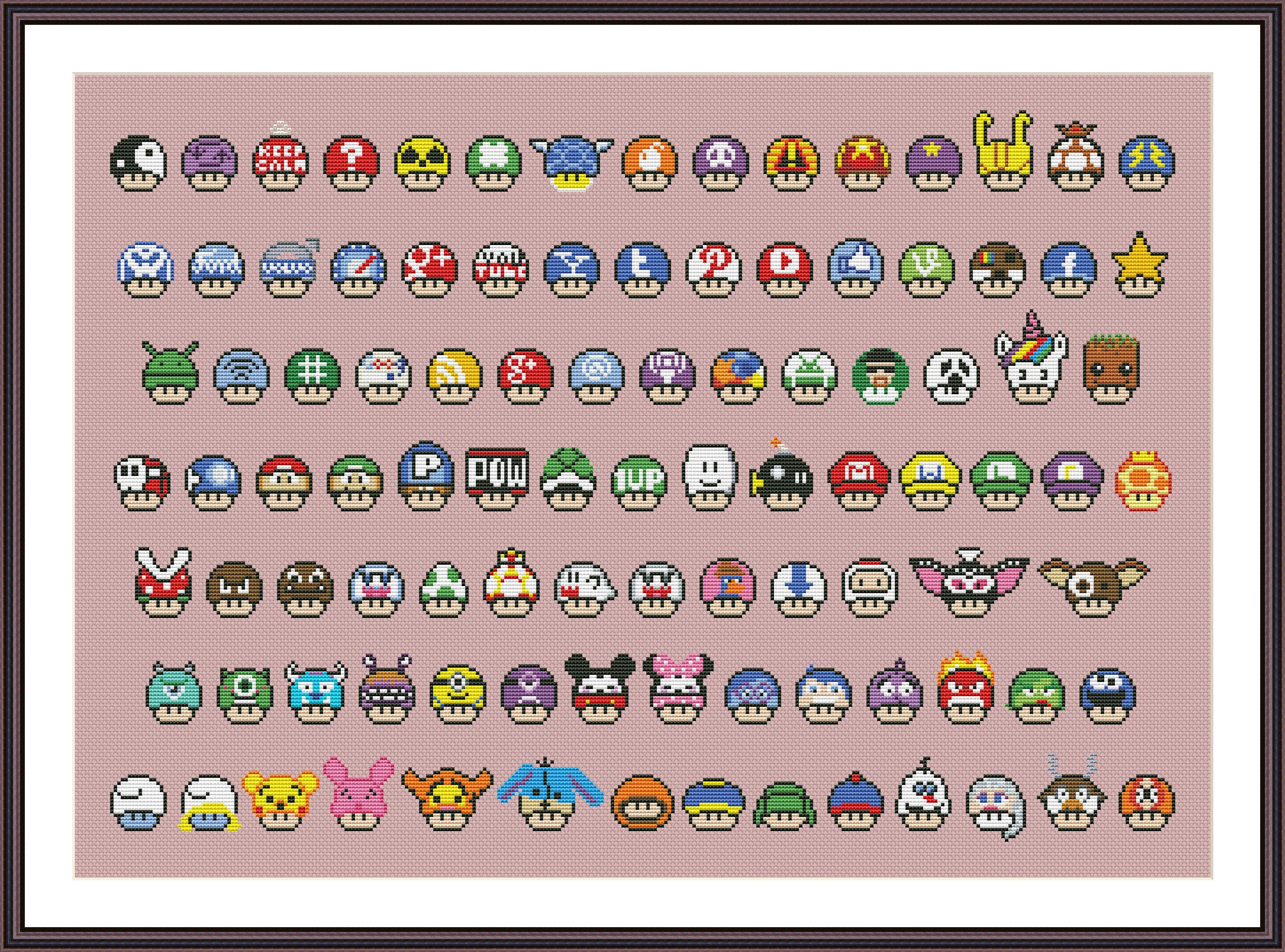 Super Mario Mushrooms Сollection P2 Funny Cross Stitch Pattern Video Game  PDF Instant Download Pixel Art Set of 100 Mushrooms 