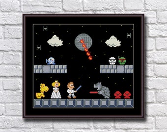 May include: A pixelated cross-stitch design featuring characters from Star Wars and Super Mario Bros. The design depicts a dark space background with a Death Star, clouds, and a platform with characters including Princess Peach, Mario, Luke Skywalker, a Stormtrooper, and a Boba Fett.