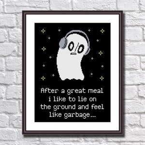 May include: A black and white pixel art image of a ghost wearing headphones with the text "After a great meal i like to lie on the ground and feel like garbage..."