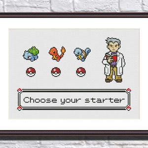 Może przedstawiać: Wzór na haft krzyżykowy przedstawiający pikselowany obraz trenera Pokémona z trzema startowymi Pokémonami: Bulbasaur, Charmander i Squirtle. Tekst "Wybierz swojego startera" znajduje się pod obrazem.